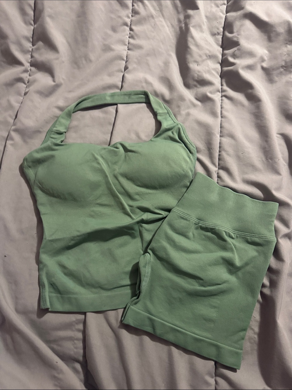 Green Ribbed Two-Piece Workout Set - Tank & High-Waist Shorts